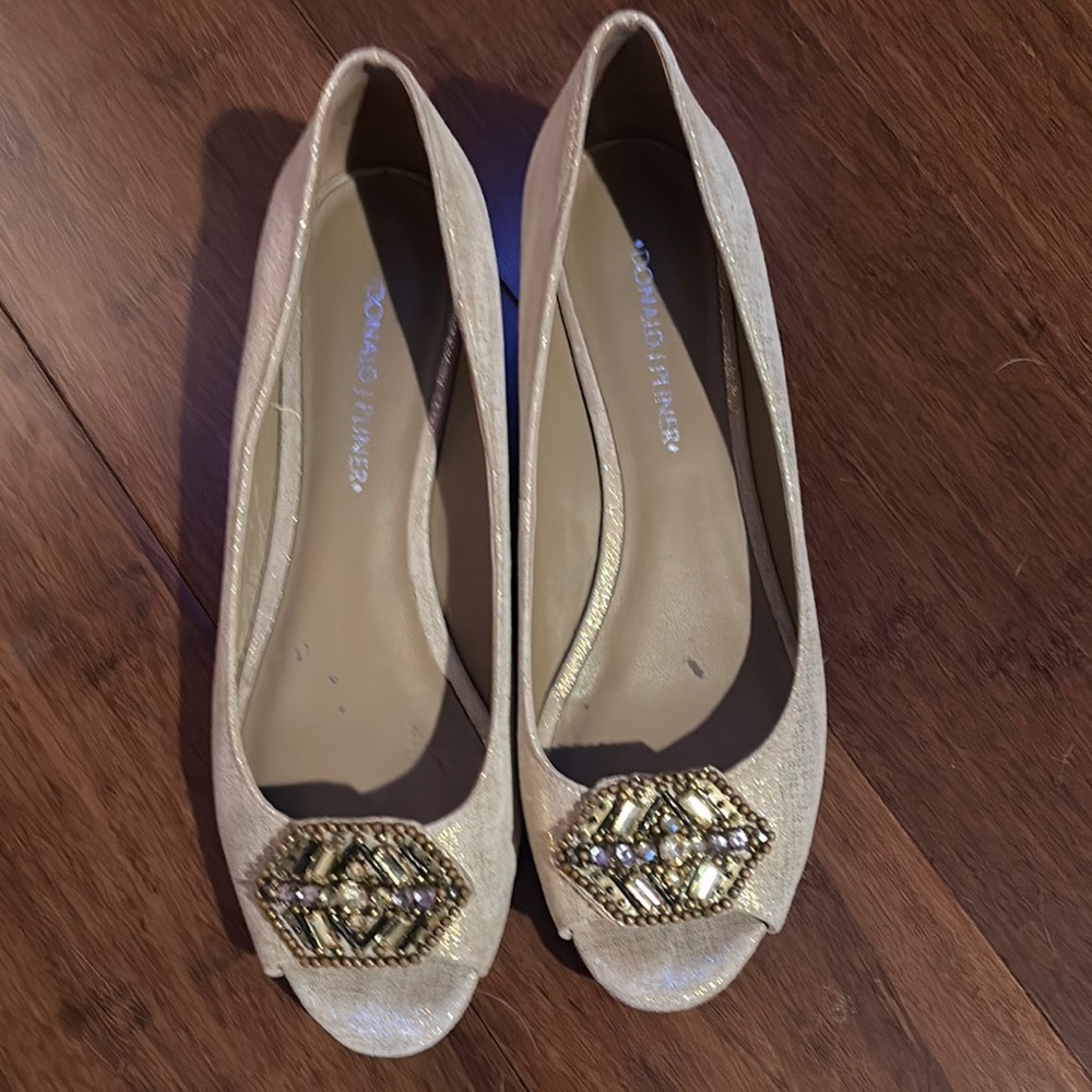 Donald J. Pliner Champagne Wedge Flats with Gold Beaded Accent